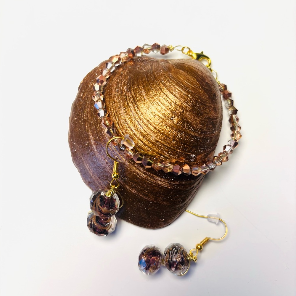 Beaded Faceted Crystal Glass Bronze Earrings & Bracelet. - Picture 4 of 5